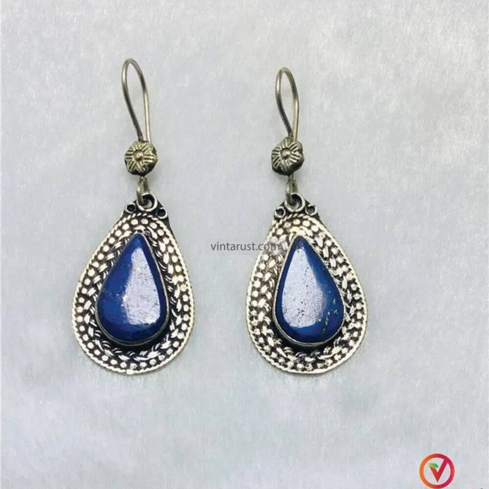 Vintage Lapis Lazuli Teardrop Earrings: Ethnic Blue Stone Silver Earrings